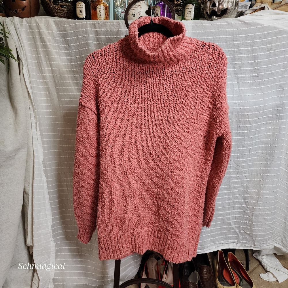 Anthropologie Pink Chunky Knit Turtleneck Sweater Boucle Cotton Blend XS